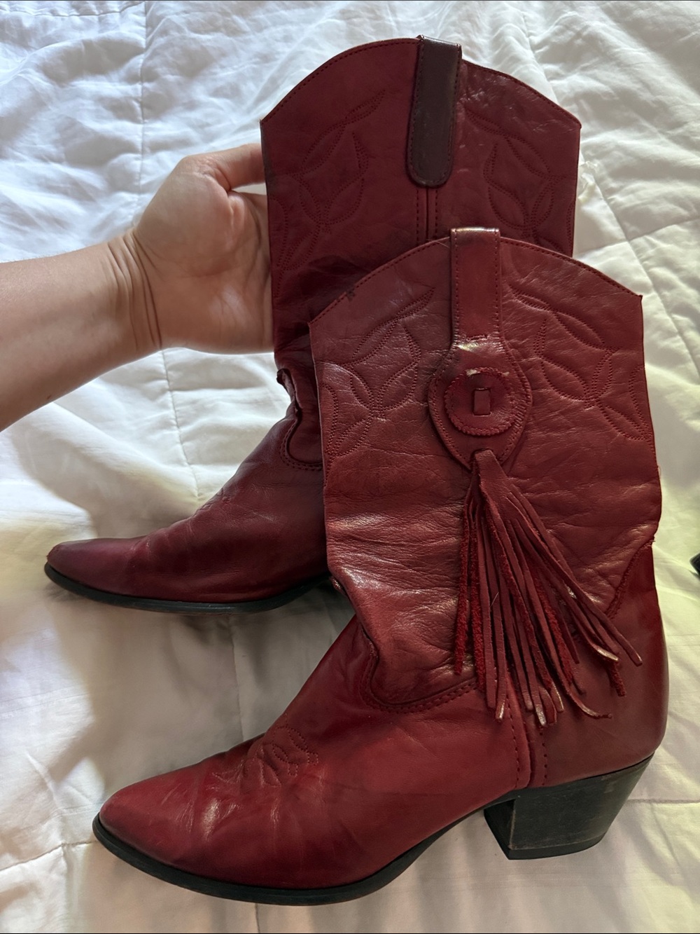 Vintage Red Leather Cowboy Tassel Boots